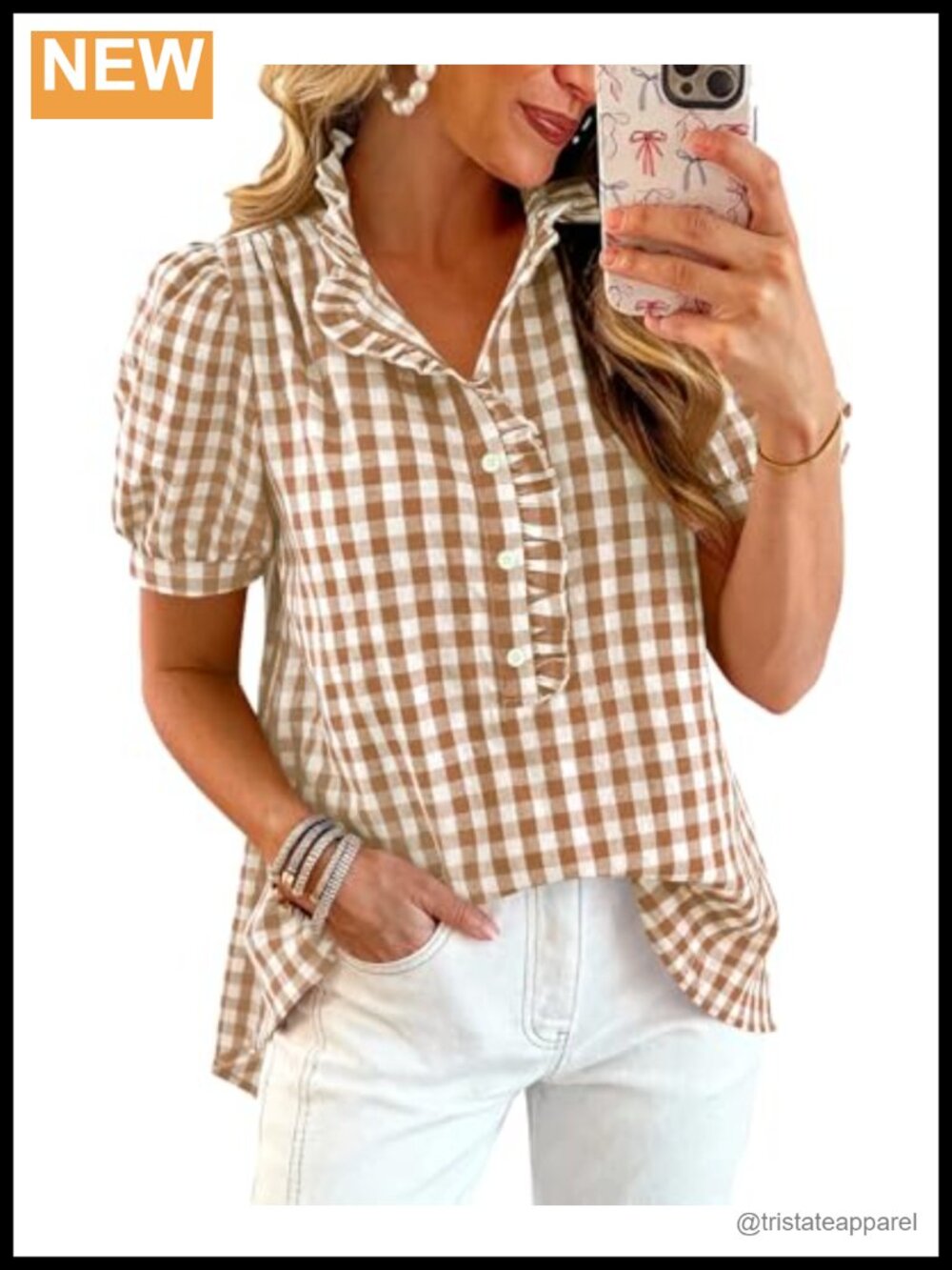 100% Viscose Gingham Short Sleeve Button Up Blouse